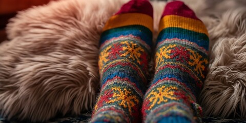 Foot wearing colorful christmas sock