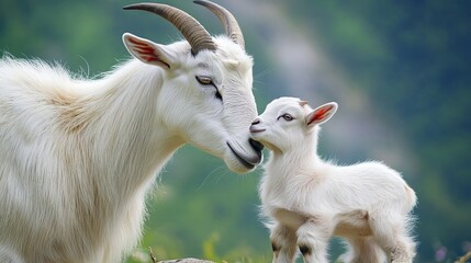 Fototapeta premium A mother goat tenderly nuzzles and gazes at her baby with deep affection. The baby goat, nestled close, feels secure and loved in her presence.