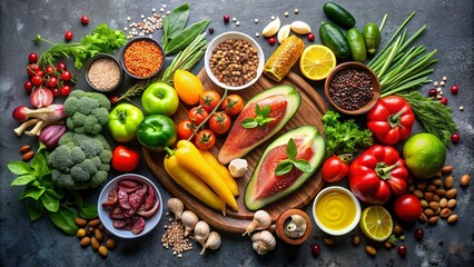 Flexitarian Mediterranean diet featuring a variety of fresh, healthy ingredients on a dark background, Flexitarian