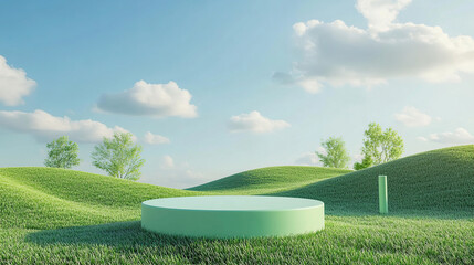3d rendering empty green podium product display on grass field background with blue sky and cloud,
