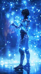 Fototapeta premium A figure engages with shimmering, luminous particles in a vibrant, futuristic environment