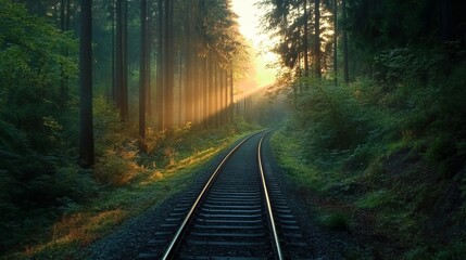 Fototapeta premium A romantic railroad scene winds through a picturesque German forest, with tracks gently curving among tall, majestic trees.