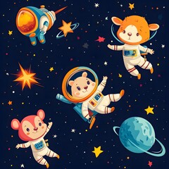 A festive cartoon scene of a space station and spaceship in space at night, featuring Santa, an astronaut, and a magical winter sky filled with stars, the moon, and snow