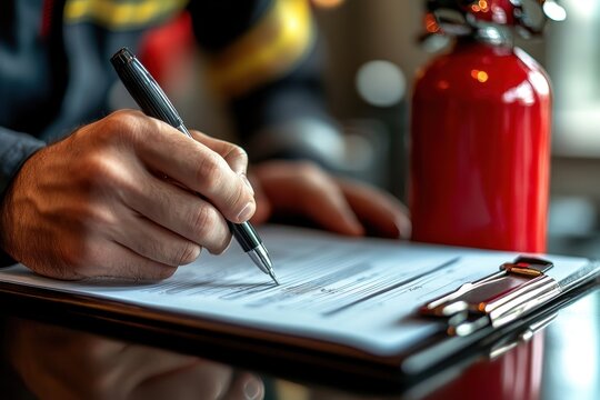 Man Filling Out Smoke Sensor and Fire Extinguisher Checklist in Office – Close-Up of Red Firefighter’s Foam Water Bottle and White Paper Scroll on Table, White Background

