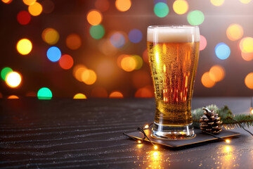 Beer glass with holiday lights, festive theme