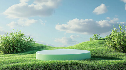 3d rendering empty green podium product display on grass field background with blue sky and cloud,