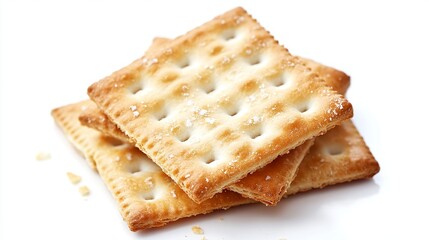 A Saltine soda cracker isolated on a white background showcases its crisp, light texture and uniform appearance.