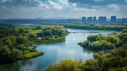 Fototapeta premium The scenery of Linyi City, Shandong, China, offers a blend of modern urban elements and traditional landscapes.