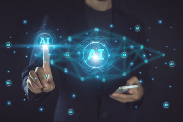 Businessman use AI algorithm technology to streamline operations, enhance decision-making processes, and gain a competitive advantage by leveraging data-driven insights for improved business outcomes.