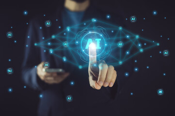 Businessman use AI algorithm technology to streamline operations, enhance decision-making processes, and gain a competitive advantage by leveraging data-driven insights for improved business outcomes.