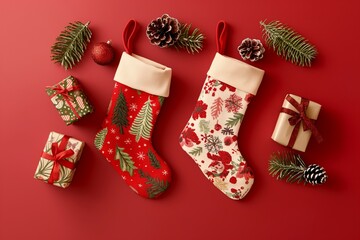 Red Christmas stockings with gifts isolated on background