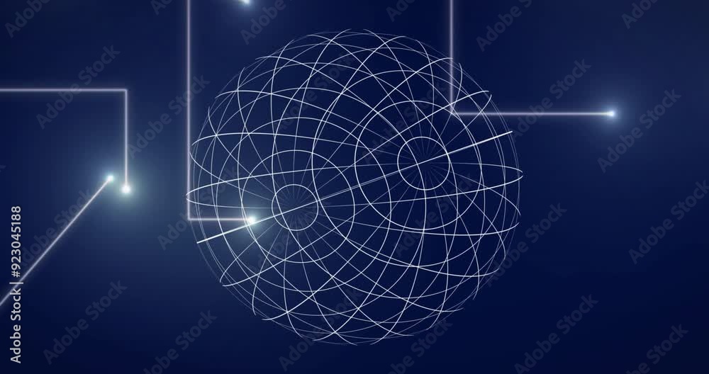 Poster animating geometric sphere with intersecting lines, glowing points on dark background