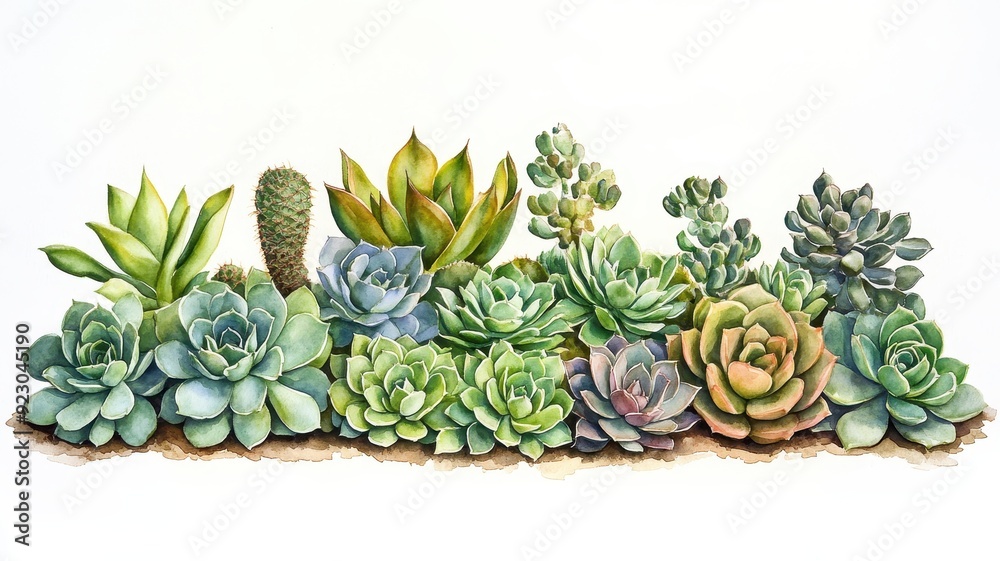 Wall mural Serene Succulent Border in Vibrant Greens - Desert Chic Watercolor Style Illustration for Botanical Designs and Decor