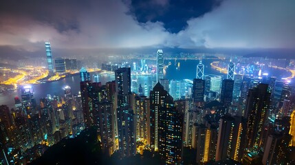 Obraz premium A city skyline at night with glowing skyscrapers and a vibrant urban view