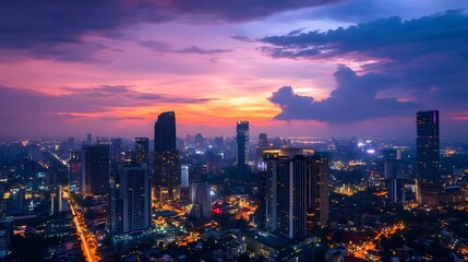 Obraz premium The sentence for naming this image could be: A beautiful sunset over the city skyline with glowing lights and towering skyscrapers