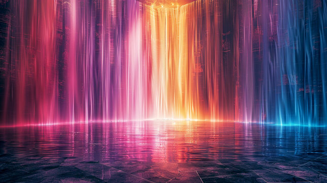 A vibrant waterfall glowing with colorful lights in an enchanting cave