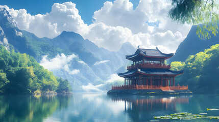 Obraz premium Temple by the Lake: A Serene Reflection of Ancient Architecture Amidst Majestic Mountains