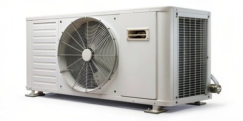 External air conditioning unit with compressor on a white background, split system, cooling
