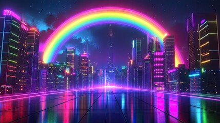 Retro 80s synthwave cityscape featuring neon brilliance and a vivid rainbow arching across the futuristic skyline in a vibrant display