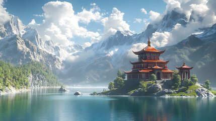 Obraz premium Temple by the Lake: A Serene Reflection of Ancient Architecture Amidst Majestic Mountains