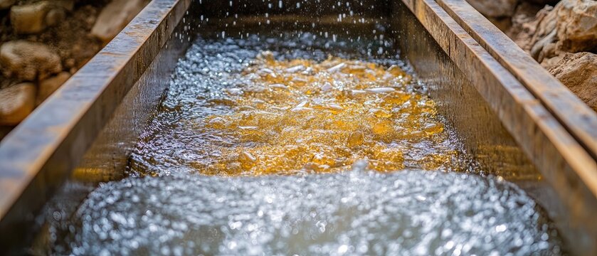 Detailed view of gold mining sluice box in action with water flowing over it and gold particles being separated from sediment
