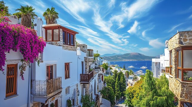 A captivating view of traditional Bodrum houses set against a stunningly clear blue backdrop.