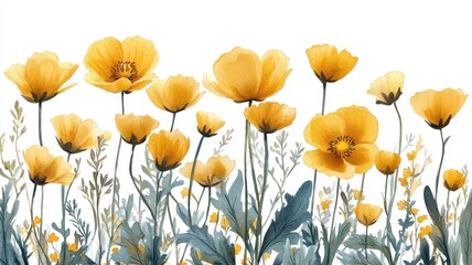 Fototapeta premium Delicate Buttercup Frame with Yellow Blossoms in Watercolor Style, Botanical Meadow Flowers Painting for Nature Design Concepts