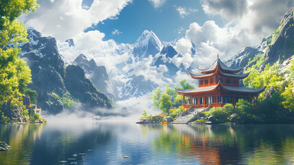 Fototapeta premium Temple by the Lake: A Serene Reflection of Ancient Architecture Amidst Majestic Mountains