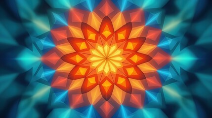 Abstract 3D kaleidoscope, symmetrical patterns, vibrant colors, high energy.