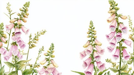Enchanting Foxglove Frame in Watercolor Style with Tall Spires and Woodland Flowers