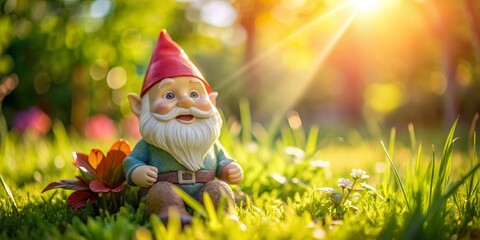 Playful gnome enjoying the summer sun in a garden , gnome, summer, sunny, garden, cute, whimsical, happy, nature, outdoor, small