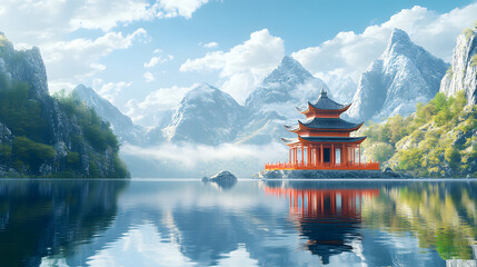 Obraz premium Temple by the Lake: A Serene Reflection of Ancient Architecture Amidst Majestic Mountains