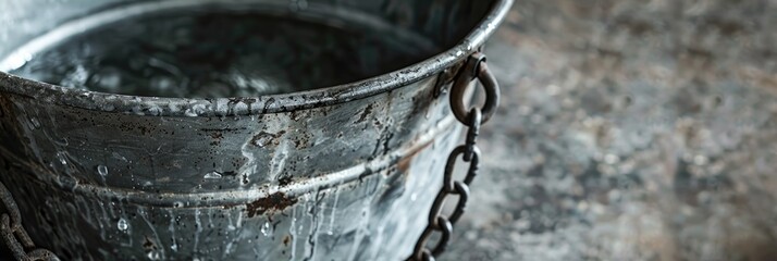 A galvanized bucket featuring a chain handle for retrieving water from a well, embodying rustic charm and practical design that highlight its authenticity and simplicity.