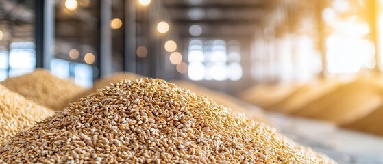 Close-up view of wheat grain in a modern storage facility under ambient light, representing agriculture, harvest, and food security.