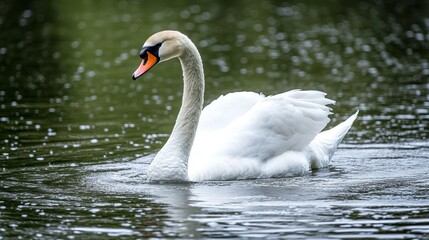 Fototapeta premium A graceful white swan glides smoothly across the calm lake water.