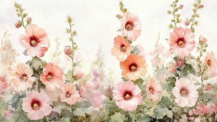 Enchanting Hollyhock Frame in a Cottage Garden - Watercolor Illustration of Tall Blooms Amidst Lush Foliage
