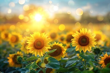 Obraz premium Sunlit sunflowers, vibrant field, summer beauty.