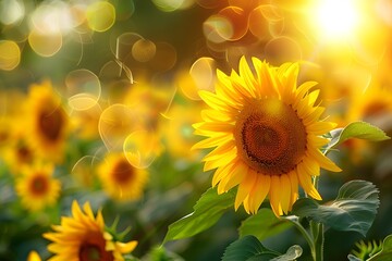 Fototapeta premium Sunlit sunflowers, vibrant field, summer beauty.
