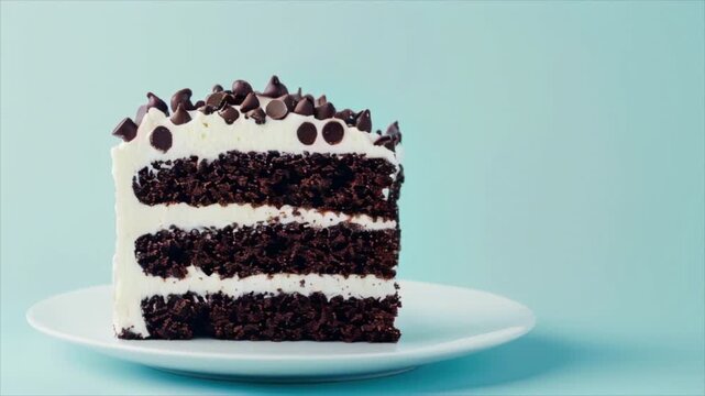 Piece of chocolate cake with vanilla cream and chocolate chips on blue pastel background with copy space