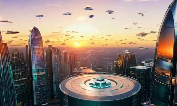 3d view of future city with sunset and clear sky background