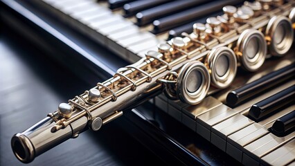 Obraz premium Close-up of flute placed on piano keys. Wind instrument on musical keyboard for creative concert design, flute, piano