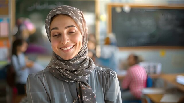 A young woman wearing a hijab smiles warmly at the camera.  She is standing in front of a chalkboard with other people blurred in the background.