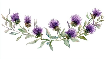 Delicate Thistle Wreath in Watercolor Style with Spiky Blooms and Wild Nature Vibes