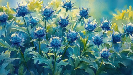 Tranquil Eryngium Border in Steely Blue - Watercolor Style Botanical Illustration for Design Projects