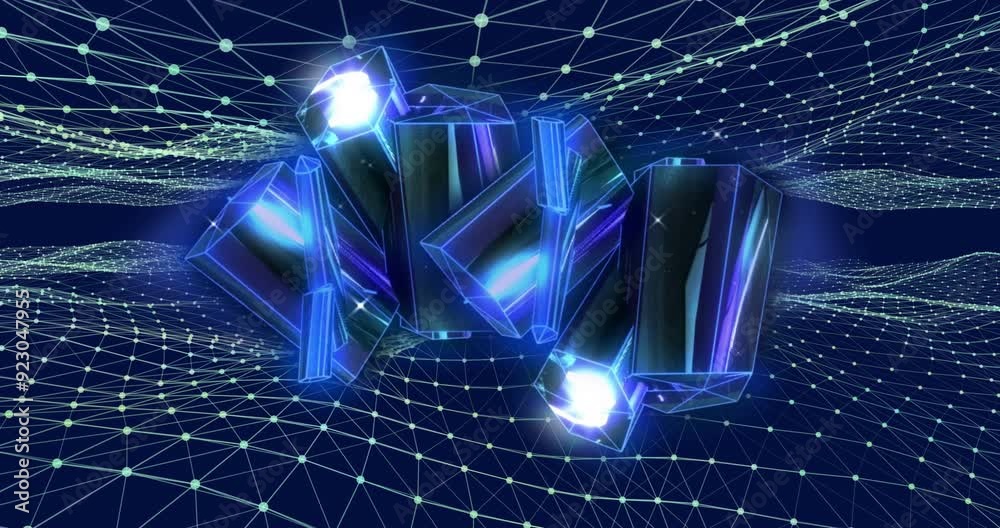 Poster rotating 3d geometric shapes with glowing edges over network grid animation