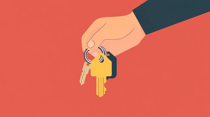 A hand holding a bunch of two keys with a keychain shaped like a house. Keys to an apartment. Flat vector illustration.