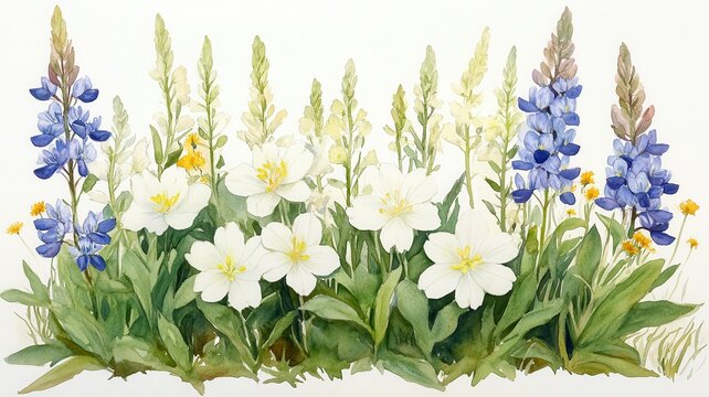 Enchanting Silene Border in a Wildflower Garden - Watercolor Style Illustration of Delicate Blooms