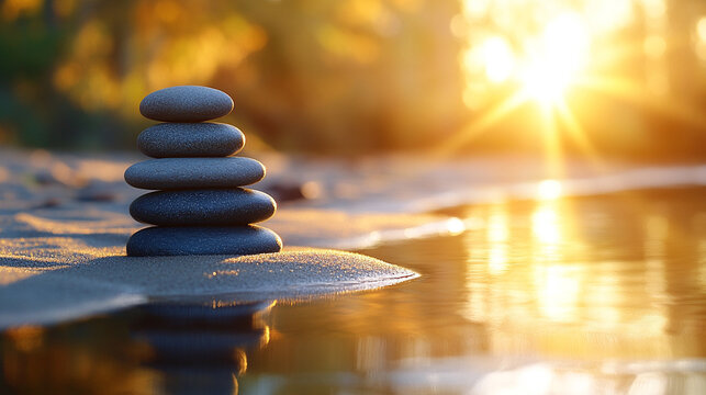 Zen garden with a round stone perfectly placed in meticulously raked sand. The tranquil scene symbolizes balance, simplicity, and harmony, evoking a sense of peace and mindfulness