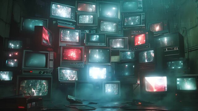 A wall of vintage televisions flicker with static and distorted images, creating a surreal and unsettling scene.