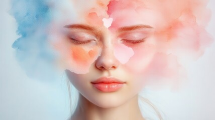 Naklejka premium Serene Love - Watercolor Portrait of a Person in Romantic Affection with Soft Gaze in Heartwarming Colors